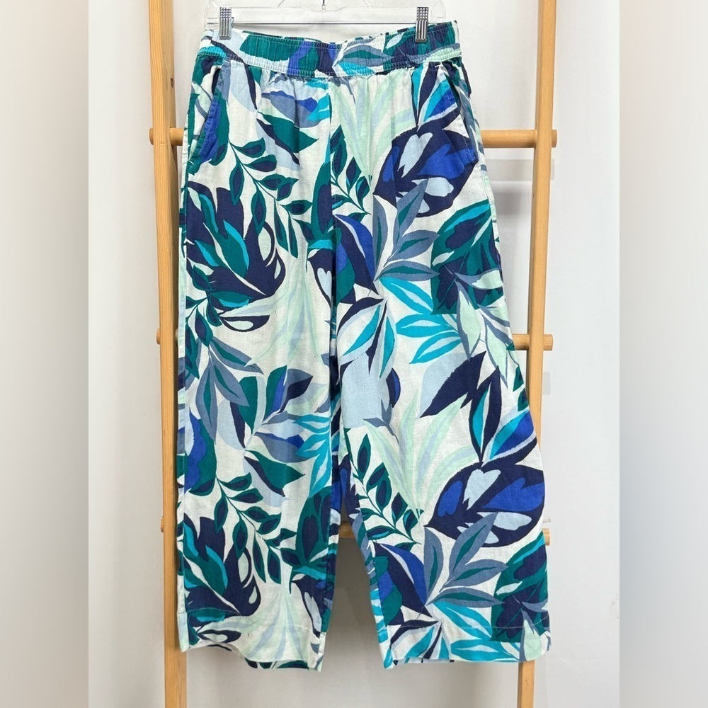 C&C California Blue and white tropical leaf print wide leg crop pants size L - Picture 1 of 10